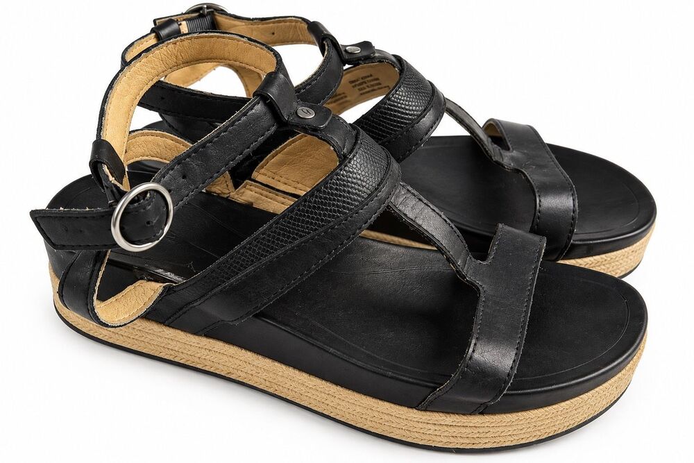 OluKai Hi’ona Loa Black Leather Strappy Sandals Women’s Size 9 EU 39